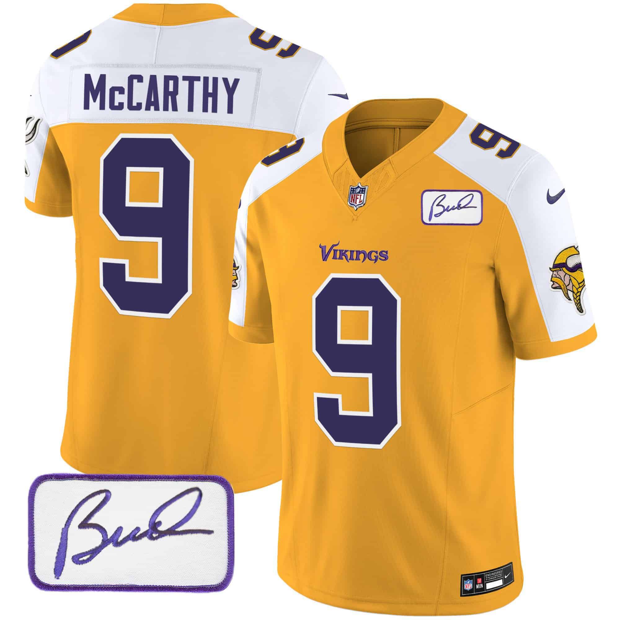 Men Minnesota Vikings 9 Mccarthy Yellow 2024 Nike Bud Grant Patch Classic Limited NFL Jersey